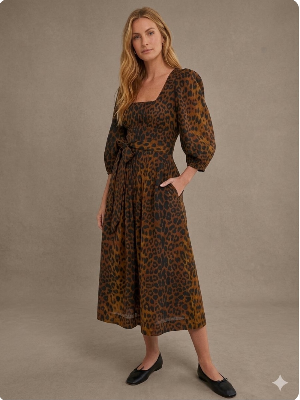 TUCKERNUCK Graciela cotton midi dress leopard print 4 new waist tie square neck